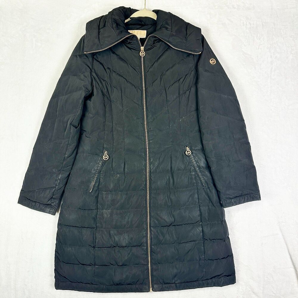 Michael Kors Long Down Puffer Coat Size Medium Black Full Zip Classic Timeless